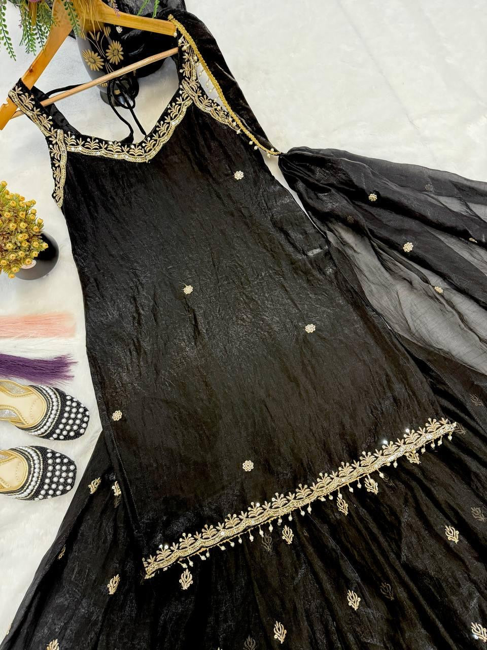 Noor Black & Gold Embroidered Sharara Set