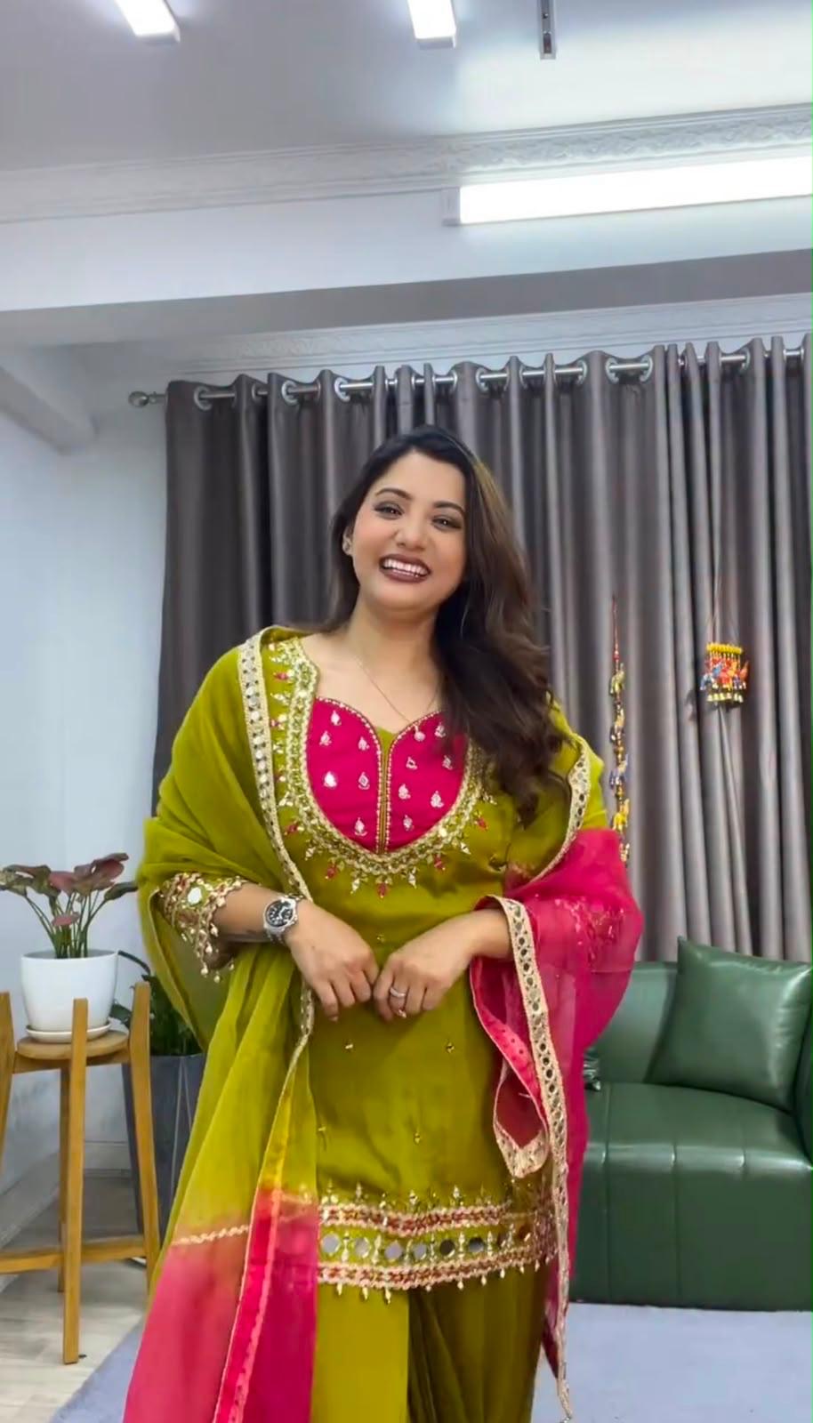 💚 Mehfil Olive & Rani Pink Sharara Set