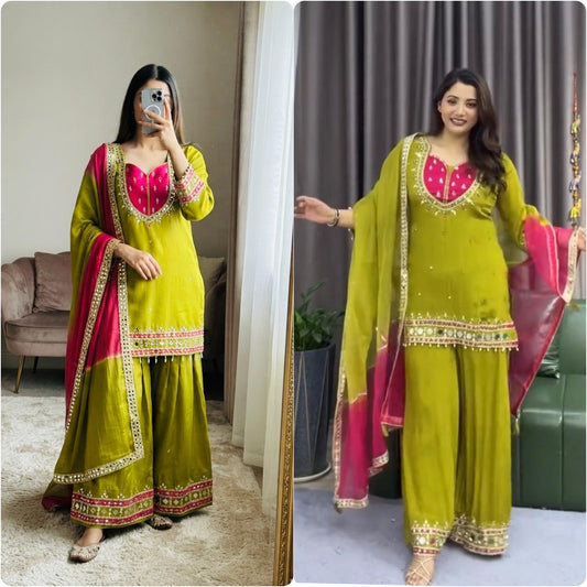 💚 Mehfil Olive & Rani Pink Sharara Set