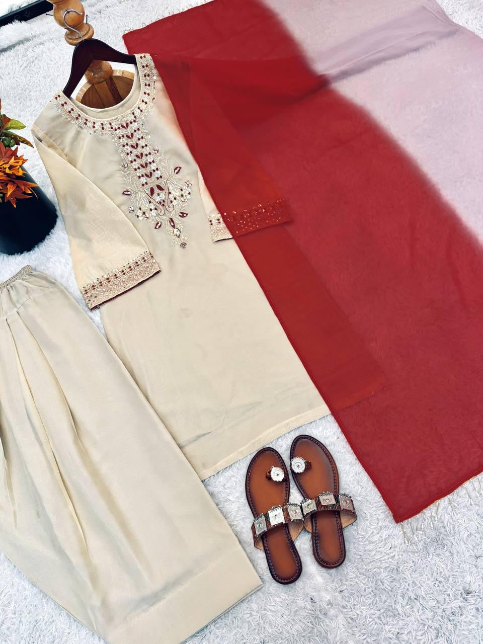 ❤️ Meher Ivory & Red Farshi Salwar Set