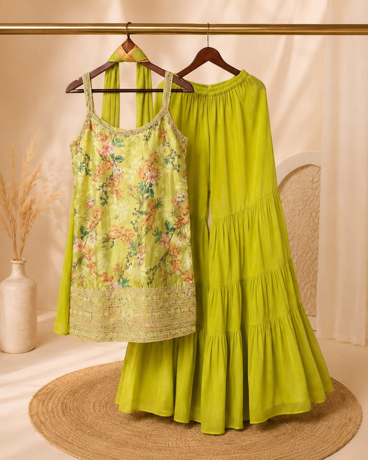 Lime green floral embroidered sharara set with matching dupatta