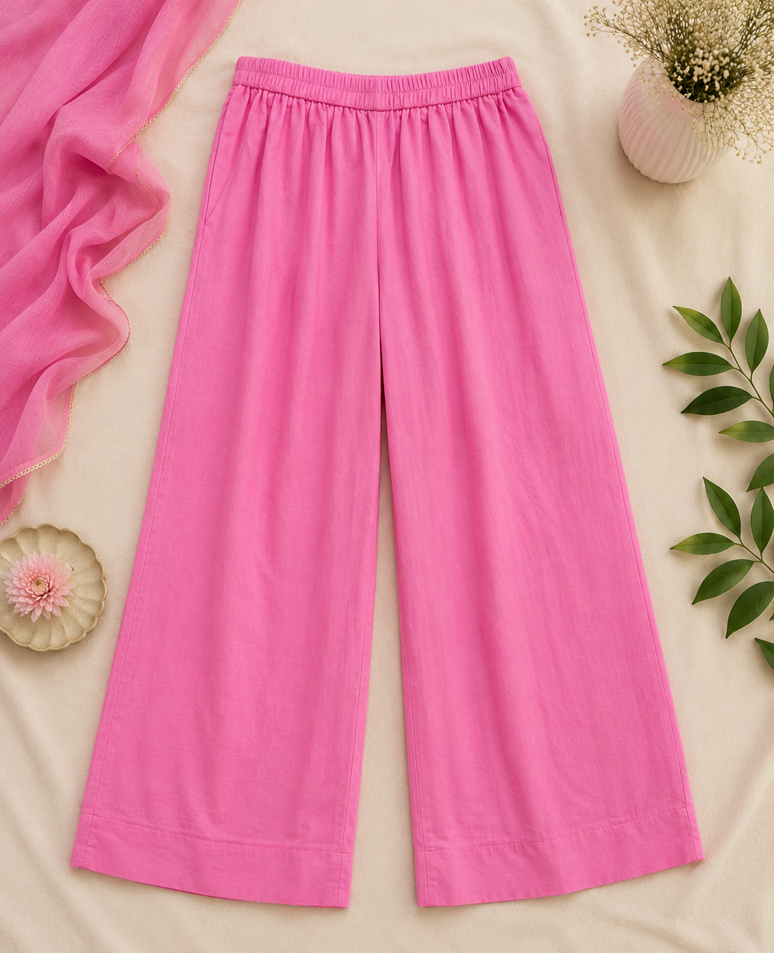 Pink wide leg trouser with elastic waistband for women