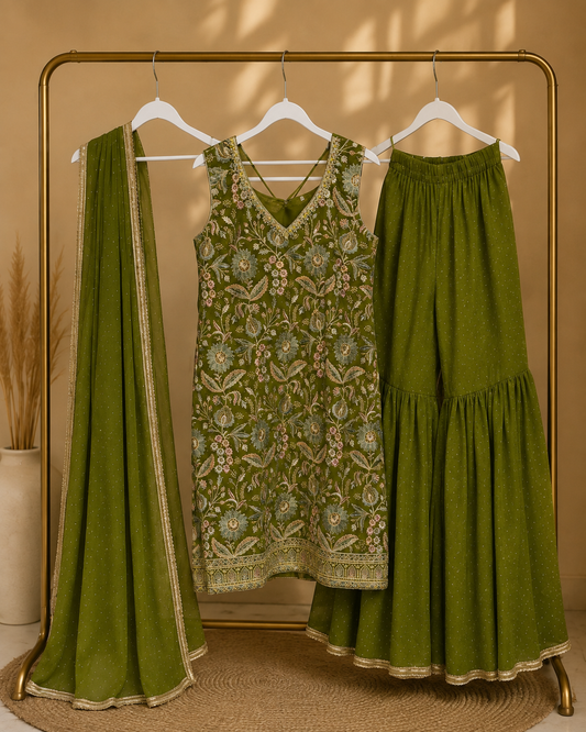 Olive green floral embroidered kurta with tiered sharara and embellished dupatta three piece set