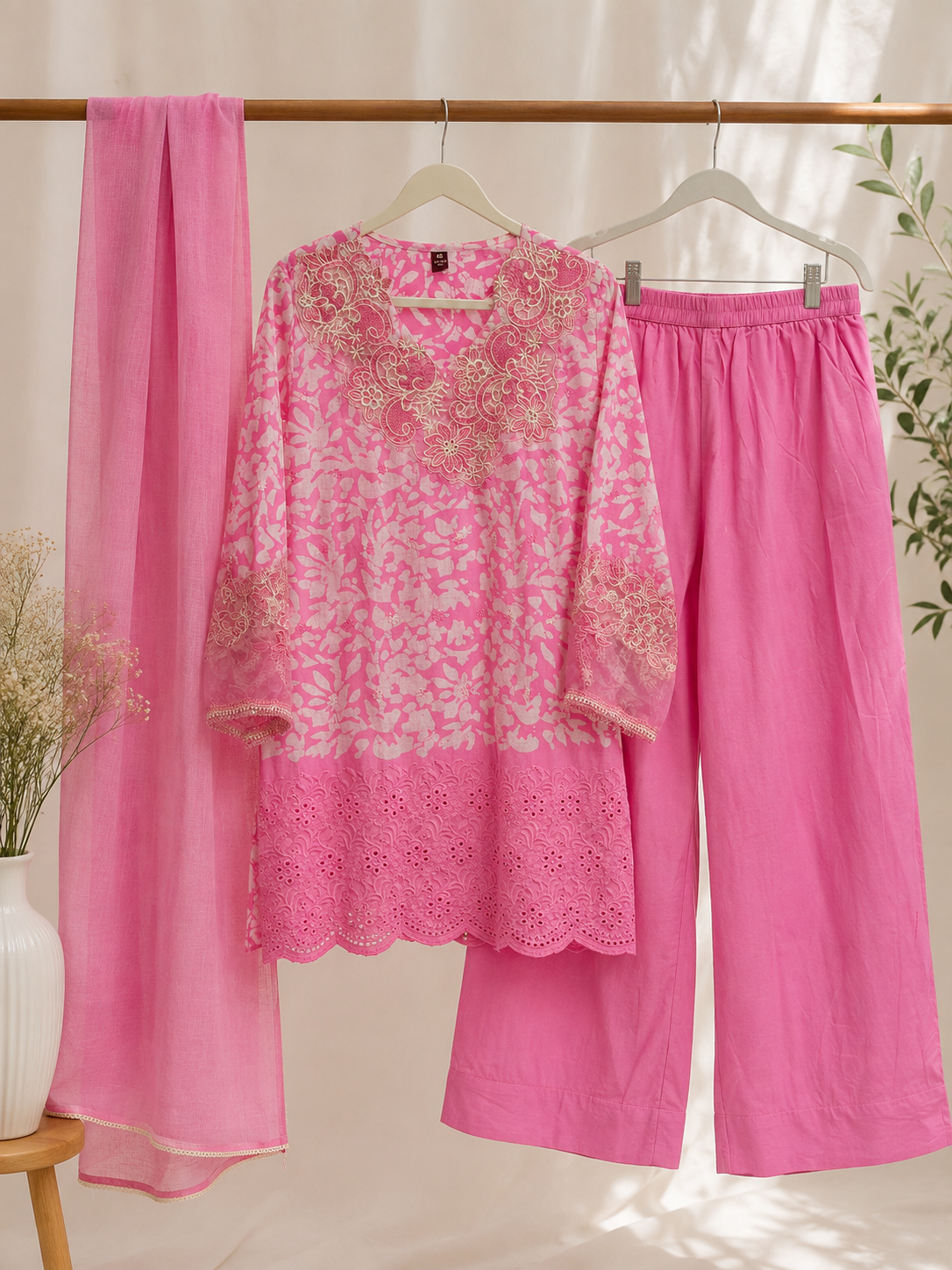 Close up of pink embroidered kurta V neck floral embroidery and lace sleeves