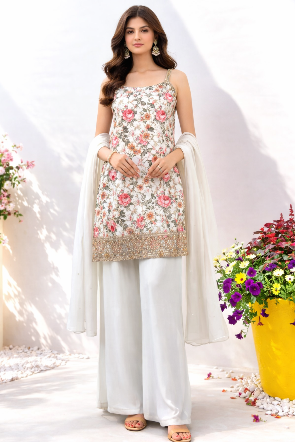 Lime Green Floral Embroidered Sharara Set with Dupatta