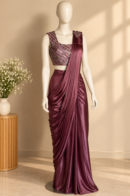 Wine Shimmer Party Wear Saree 🍷✨