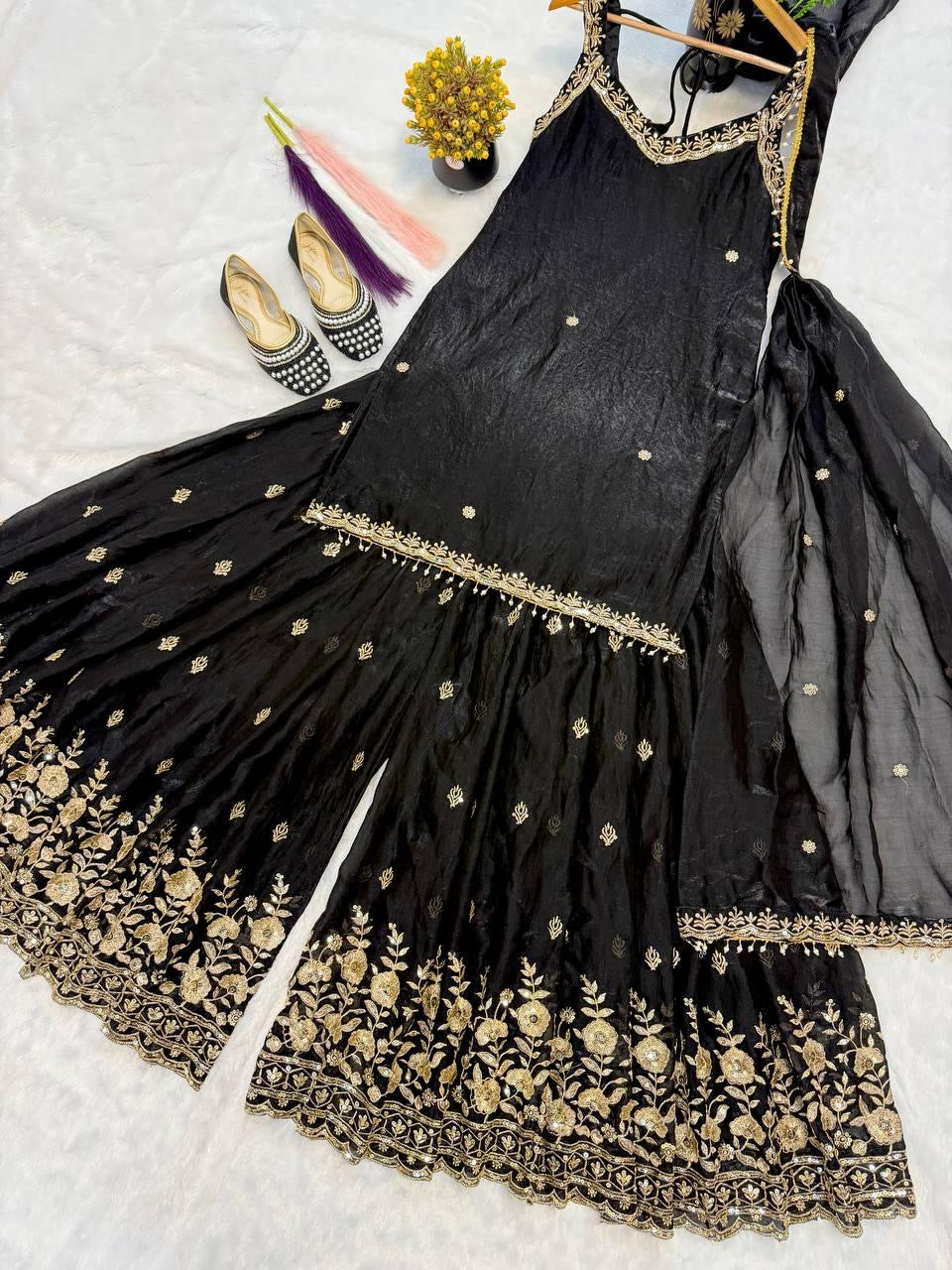 Noor Black & Gold Embroidered Sharara Set