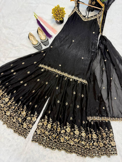 Noor Black & Gold Embroidered Sharara Set