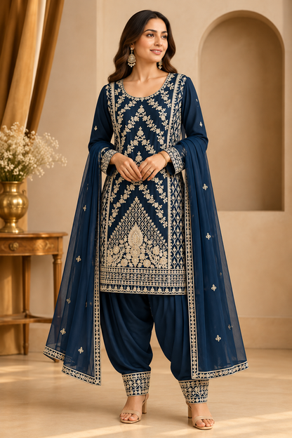 Mustard Yellow Embroidered 3-Piece Suit Set with Trouser & Dupatta
