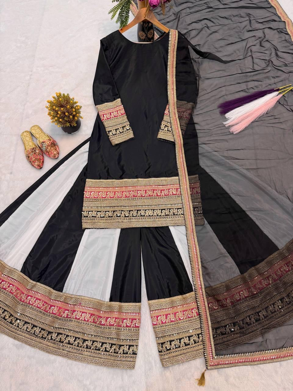 🖤 Zoya Black Embroidered Palazzo Set