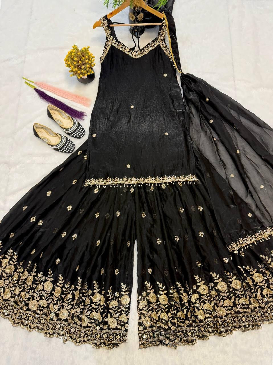 Noor Black & Gold Embroidered Sharara Set