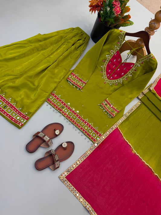 💚 Mehfil Olive & Rani Pink Sharara Set