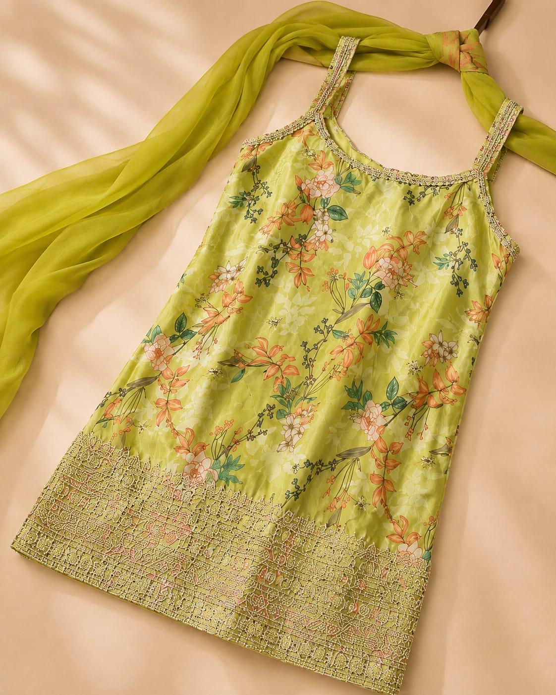 Lime green floral printed embellished sleeveless top with dupatta
