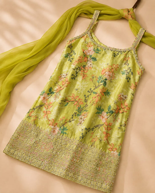 Lime green floral printed embellished sleeveless top with dupatta