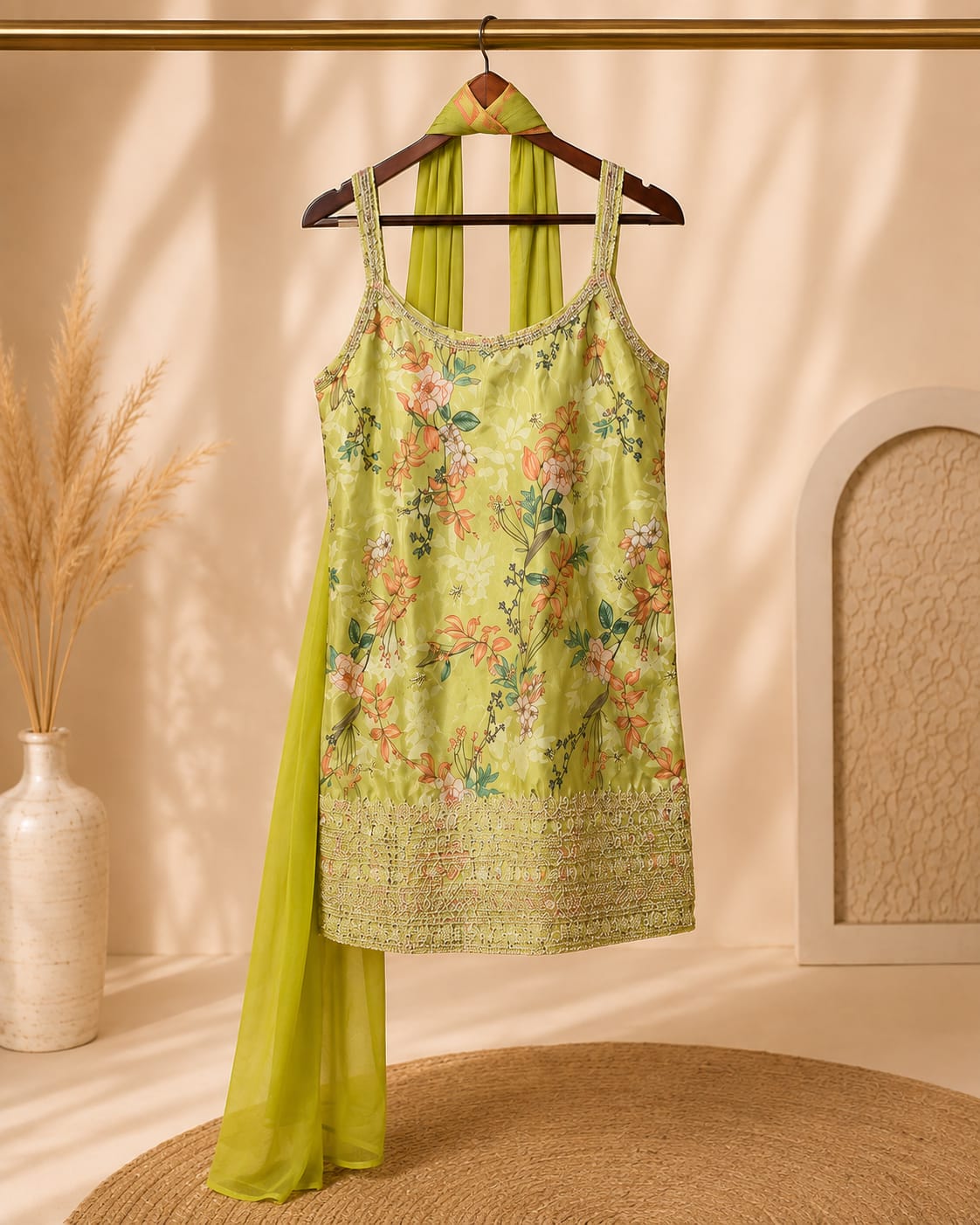 Lime green floral fabric with intricate embellished hem detail