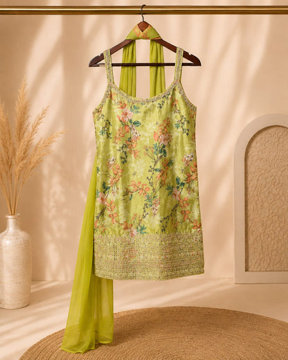 Lime green floral fabric with intricate embellished hem detail