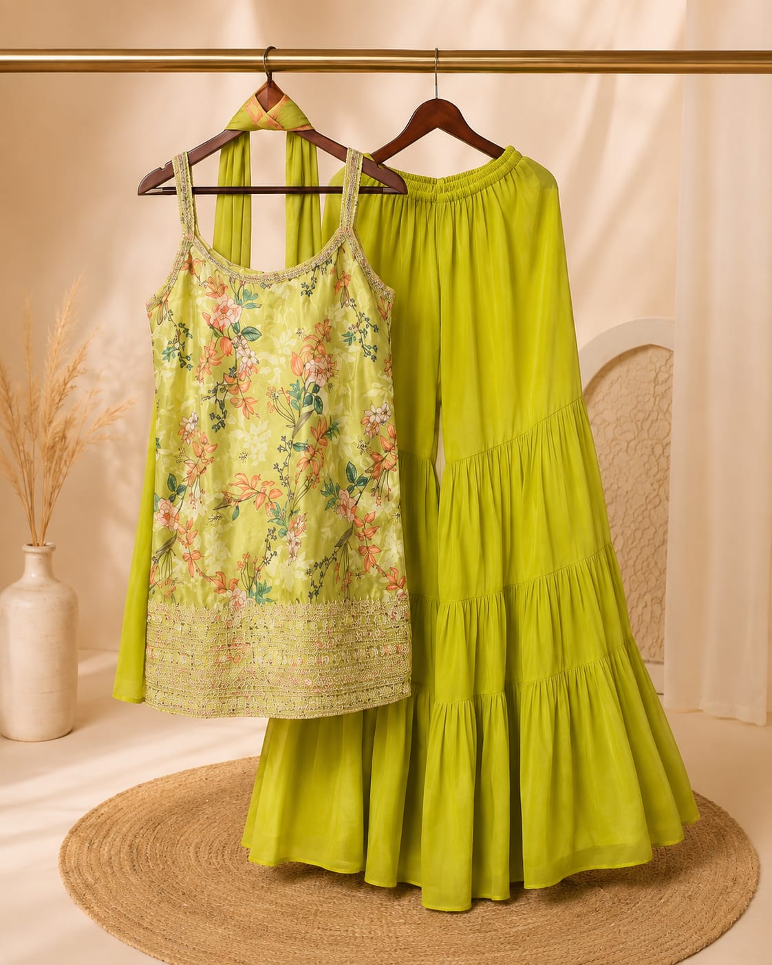 Lime green floral embroidered sharara set with matching dupatta