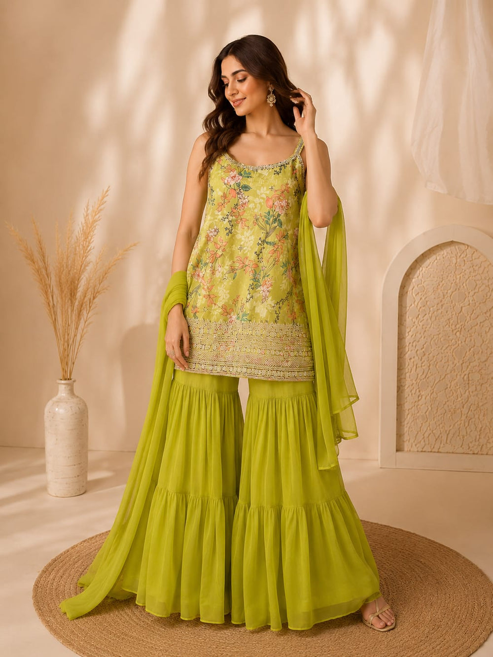 Woman wearing lime green floral sharara set with matching dupatta