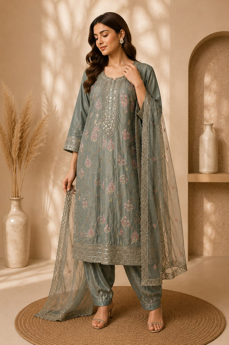 Woman wearing sage green embroidered kurta trouser suit with sheer dupatta