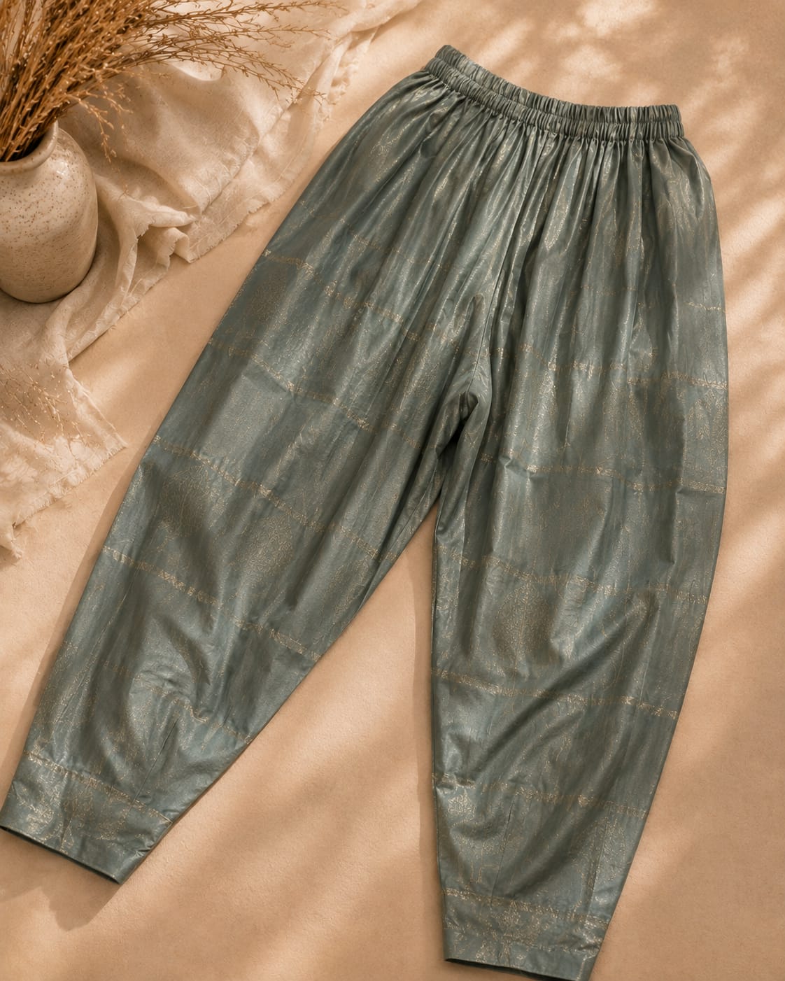 Sage green matching trouser with subtle woven detailing and elastic waistband