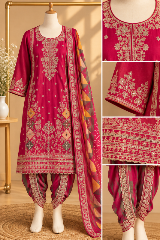 Rani Pink Embroidered Dhoti Suit Set
