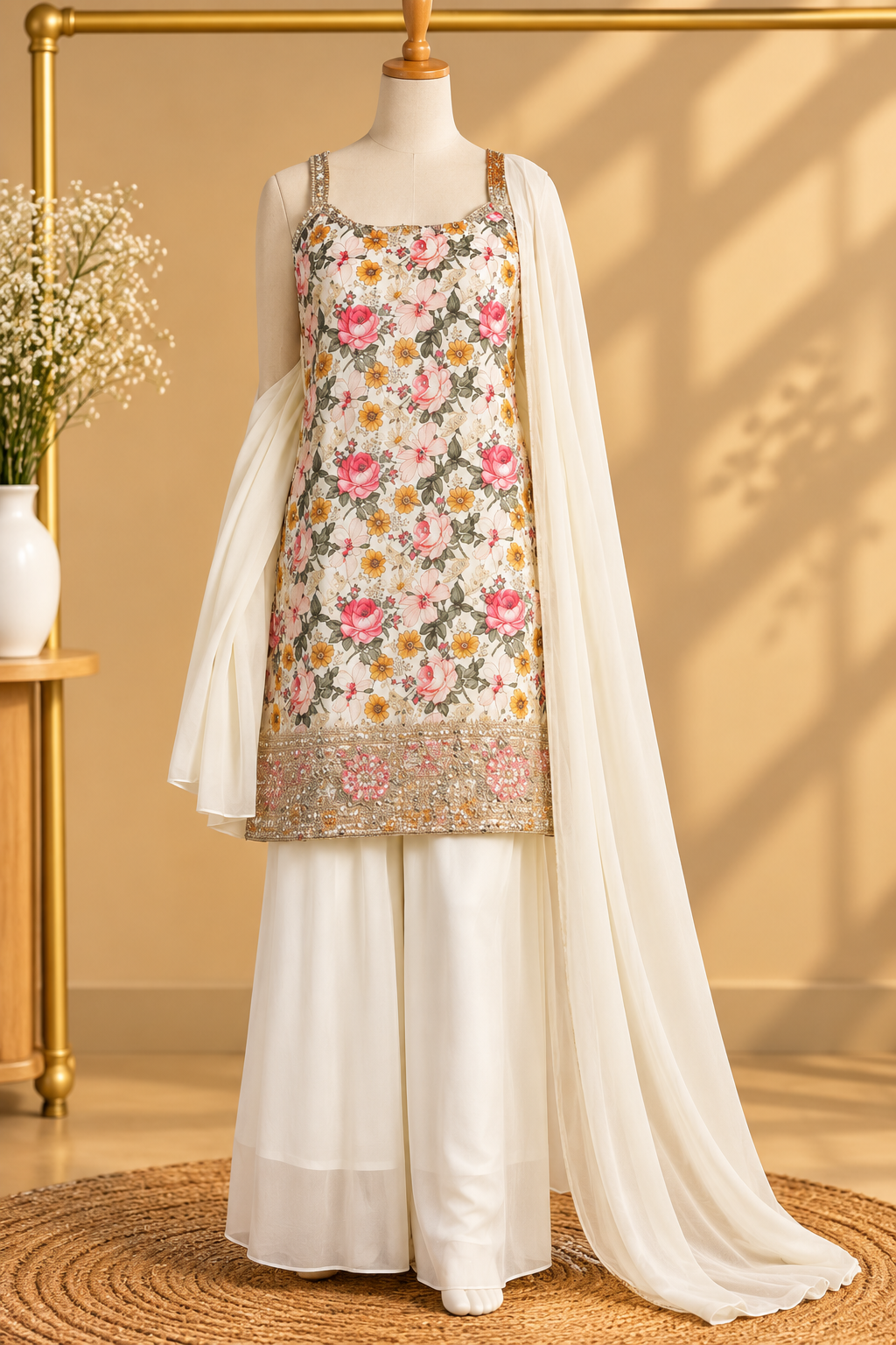 Lime Green Floral Embroidered Sharara Set with Dupatta