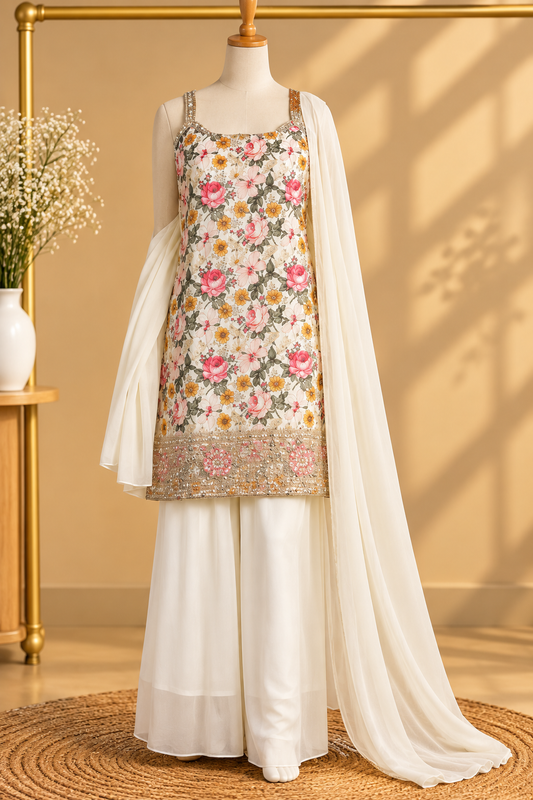 Lime Green Floral Embroidered Sharara Set with Dupatta