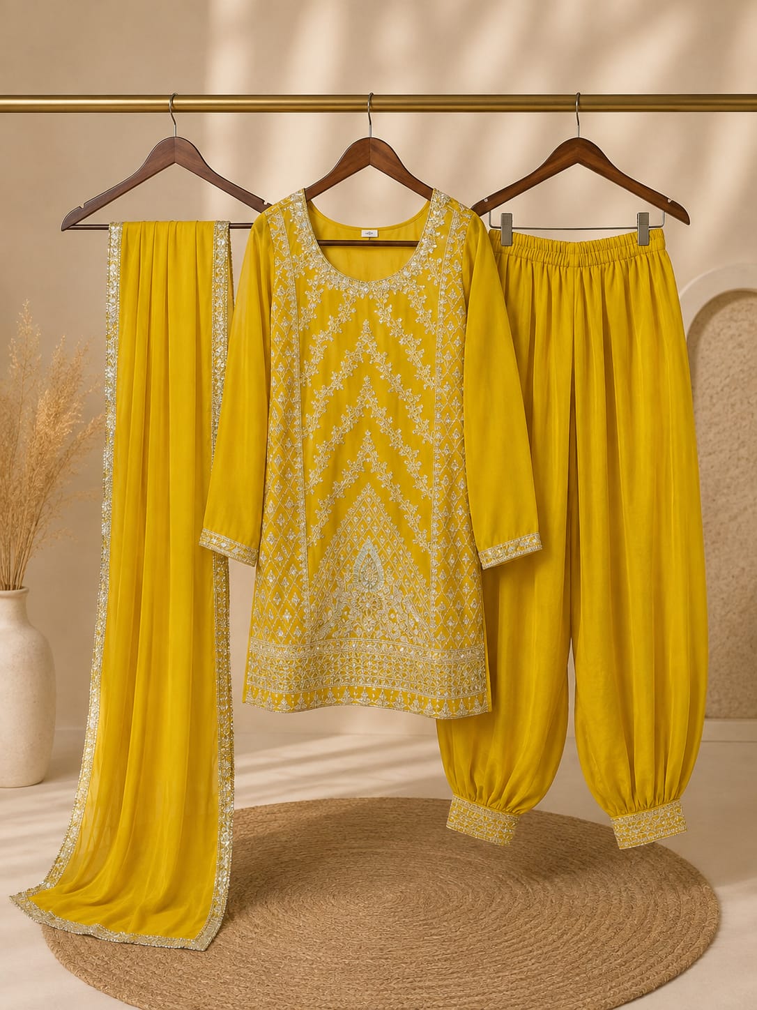 Mustard yellow embroidered three piece suit with kurta trouser and dupatta