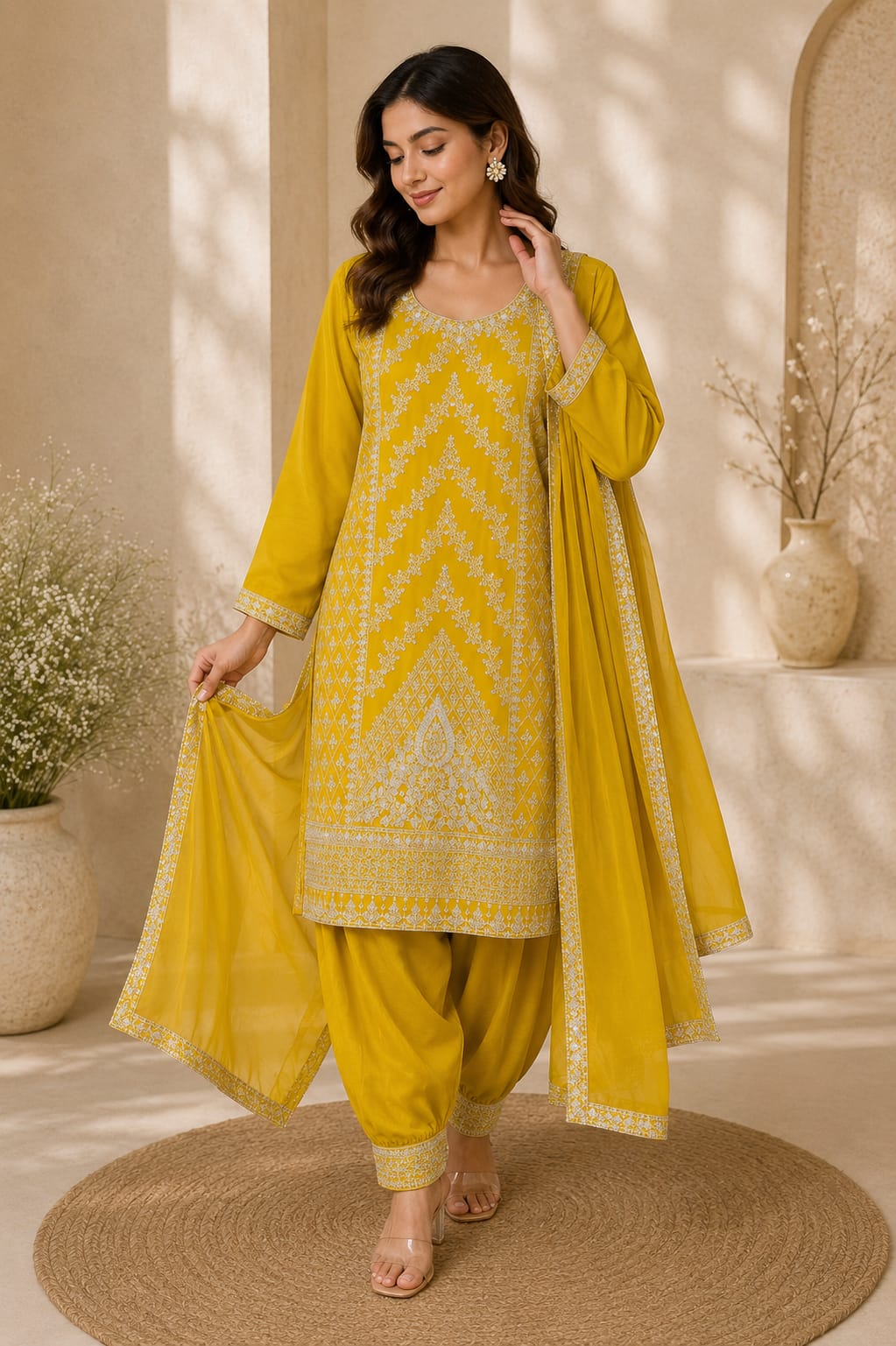 Woman wearing mustard yellow embroidered kurta trouser set with matching dupatta