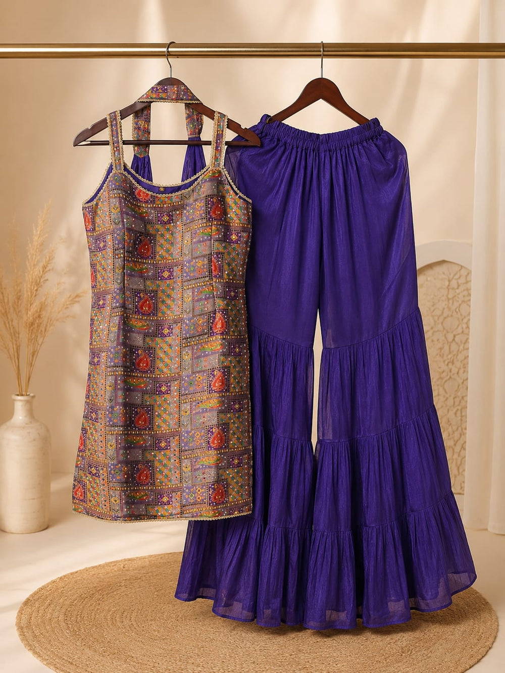 Purple multicolour printed embellished sleeveless kurta