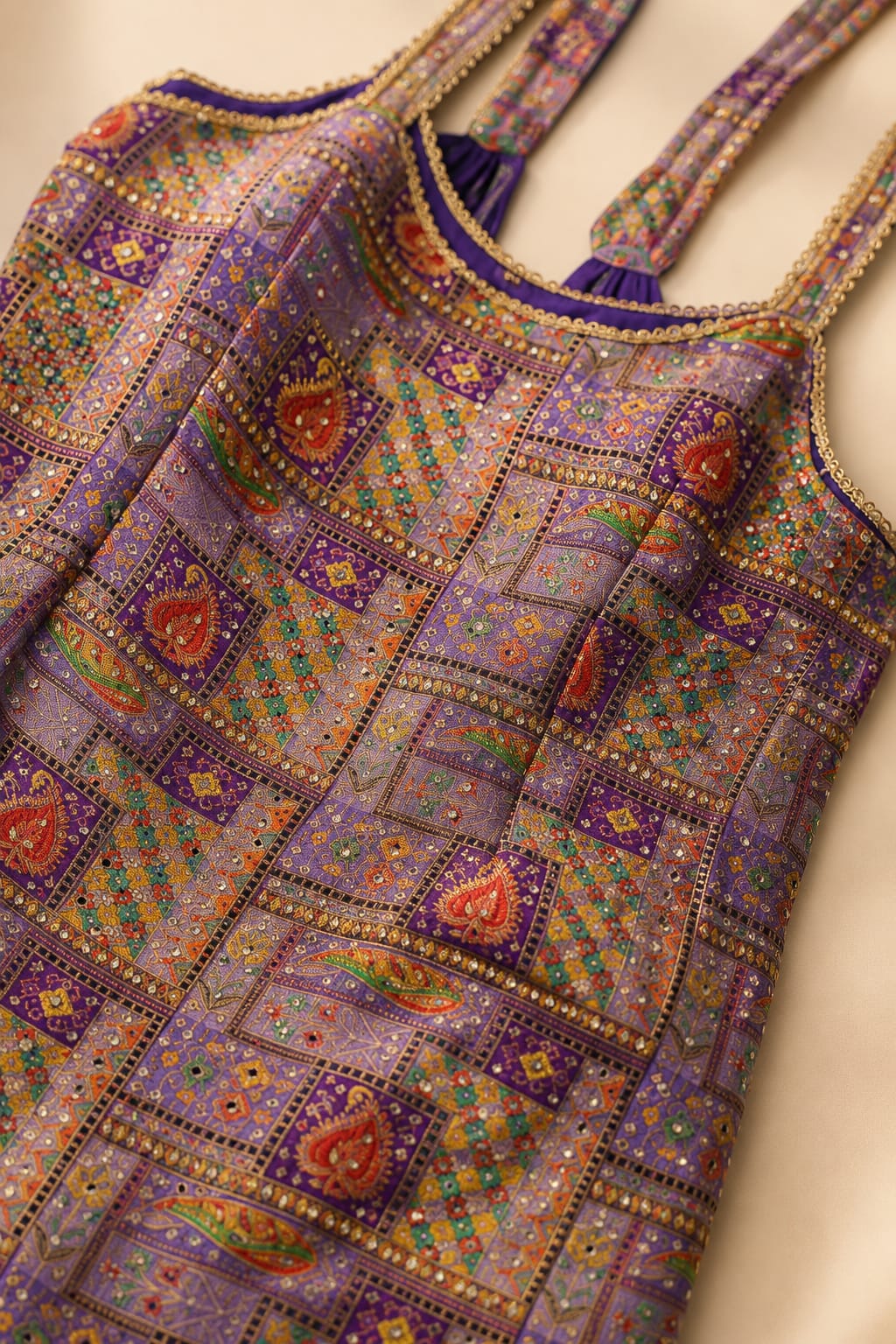 Close-up of purple printed kurta with intricate neckline and hem detailing