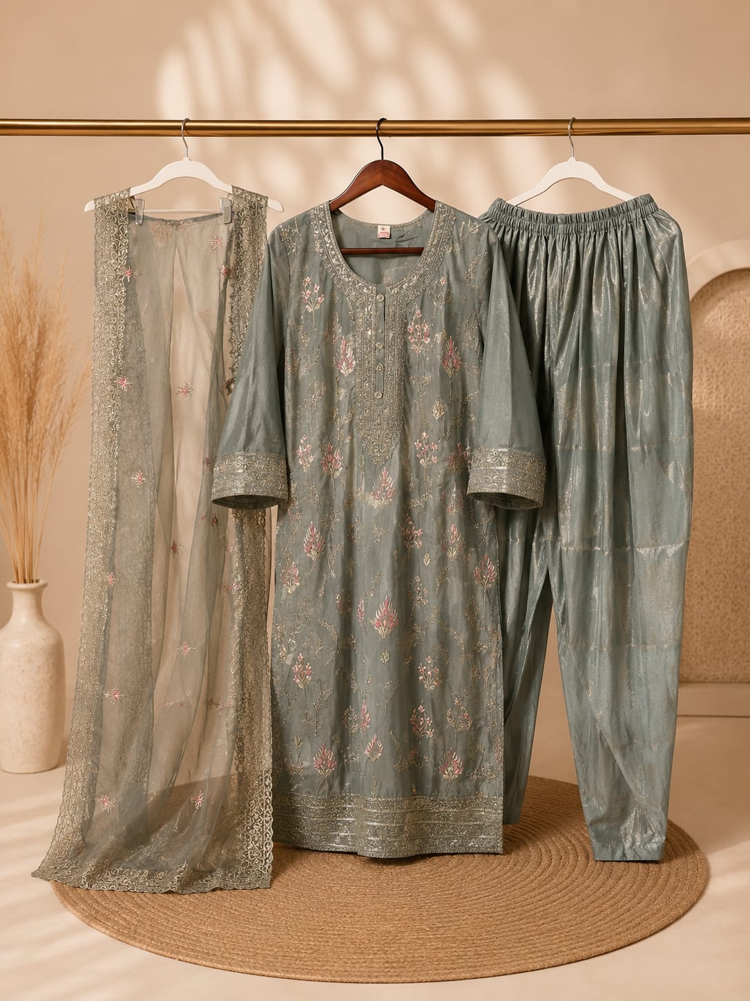 Sage green embroidered three piece suit with kurta trouser and sheer dupatta