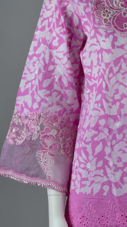 Pink Floral Embroidered Kurta with Farshi & Dupatta Set