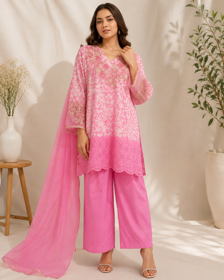 Pink Floral Embroidered Kurta with Trouser & Dupatta Set