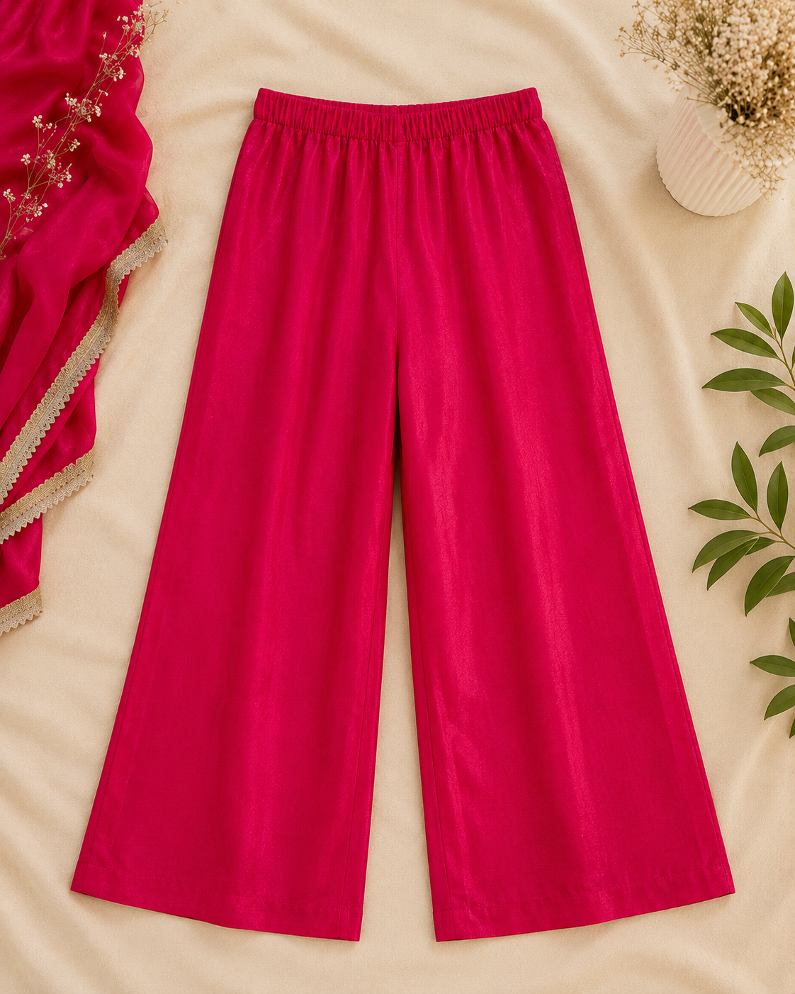 Hot pink wide leg trousers with elasticated waistband for women's ethnic suit set