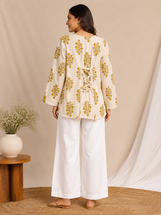 Ivory Mustard Floral Printed Cotton Kurti