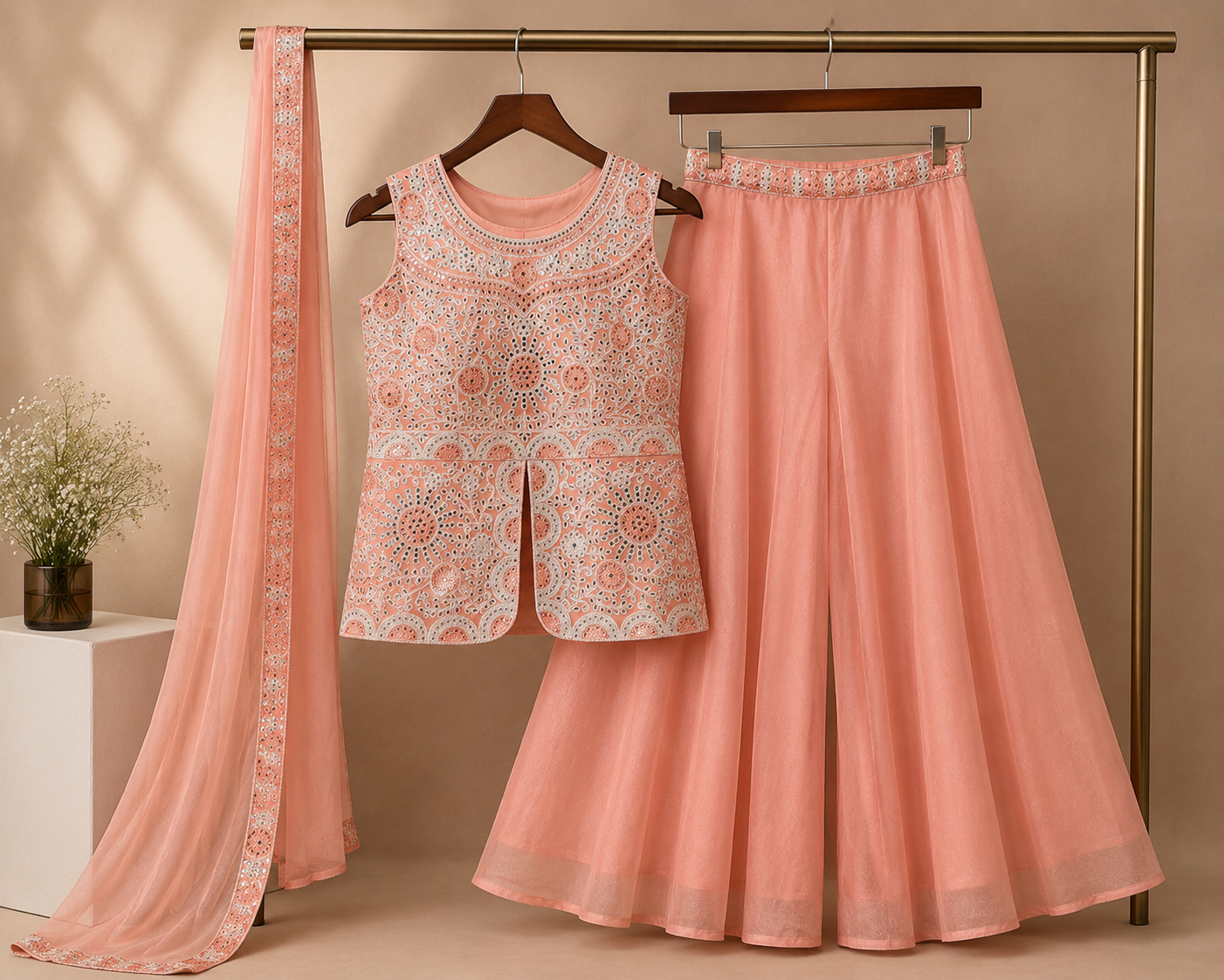 Complete peach embroidered 3-piece ethnic set with sleeveless top, palazzo pants and matching dupatta