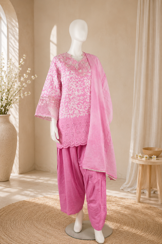 Pink Floral Embroidered Kurta with Farshi & Dupatta Set
