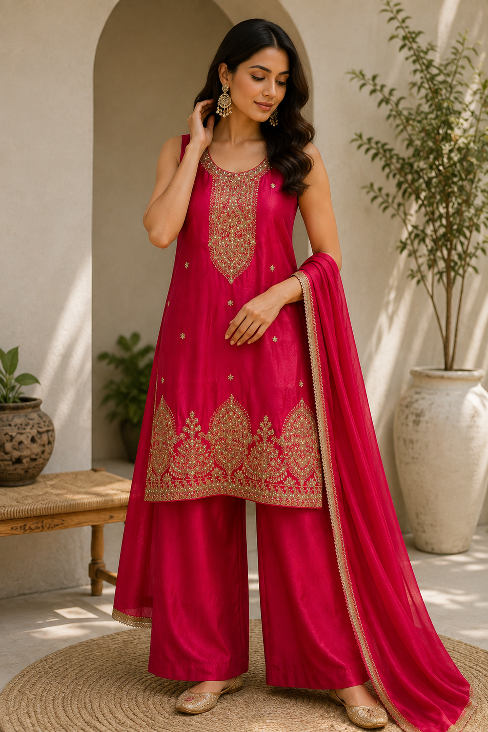 Woman wearing hot pink embroidered kurta trouser set with matching dupatta