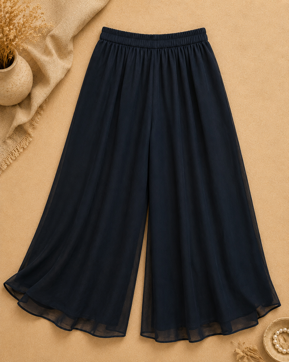 Navy blue wide leg palazzo pants with flowing sheer hem