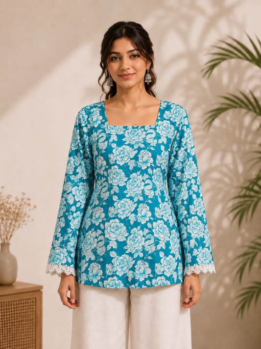 Azure blue floral printed kurti with square neckline and lace detailed sleeves
