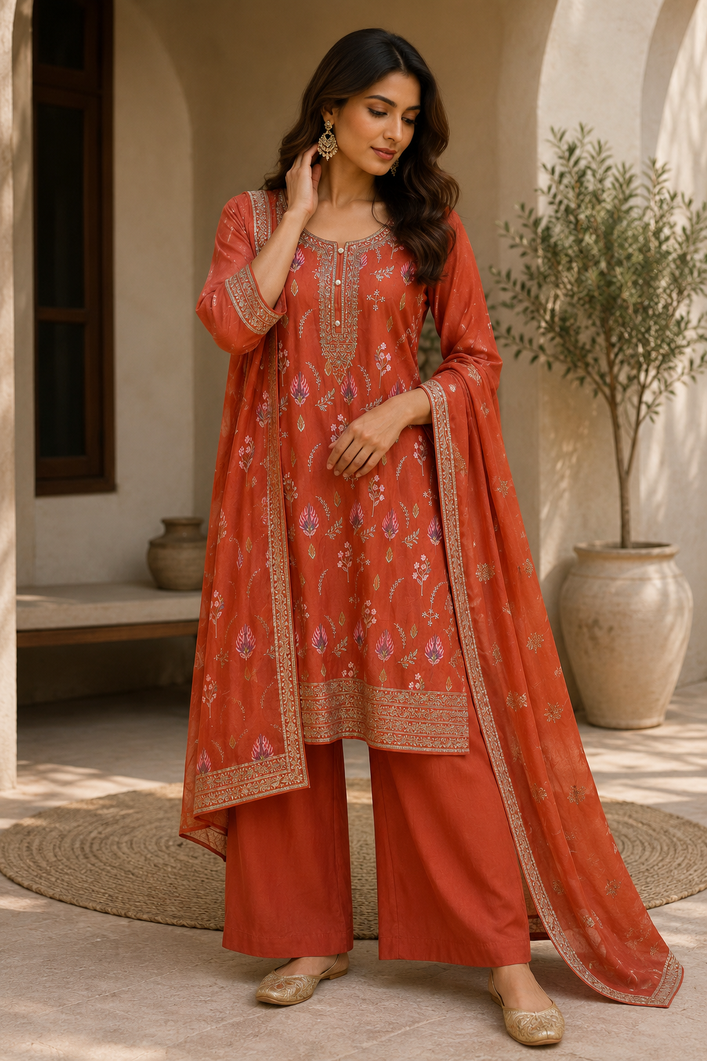 Woman wearing rust orange embroidered kurta trouser and dupatta three piece suit set