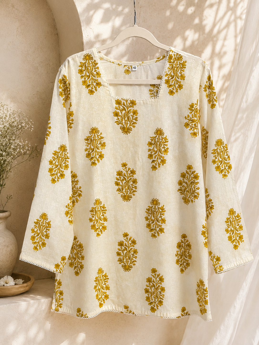 Ivory kurti with mustard floral motifs and full sleeves