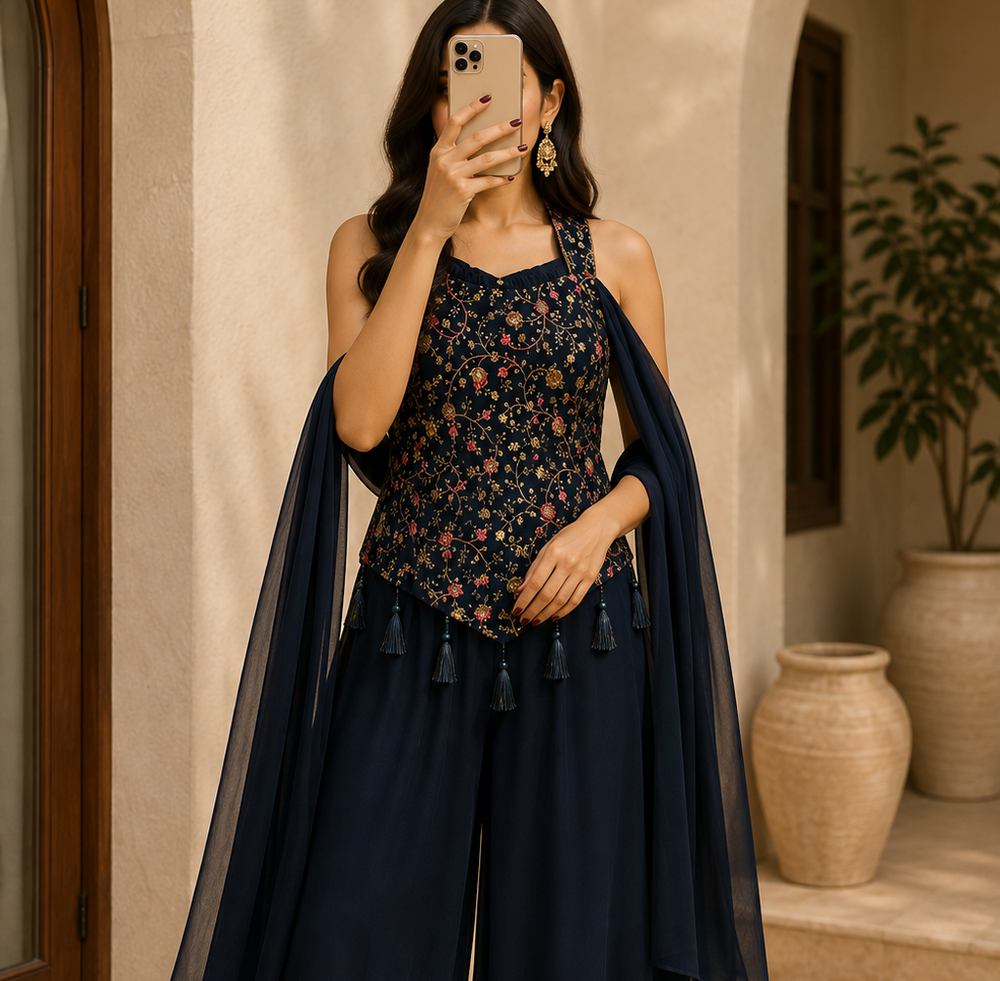 Woman wearing navy blue embroidered halter top with palazzo pants and dupatta
