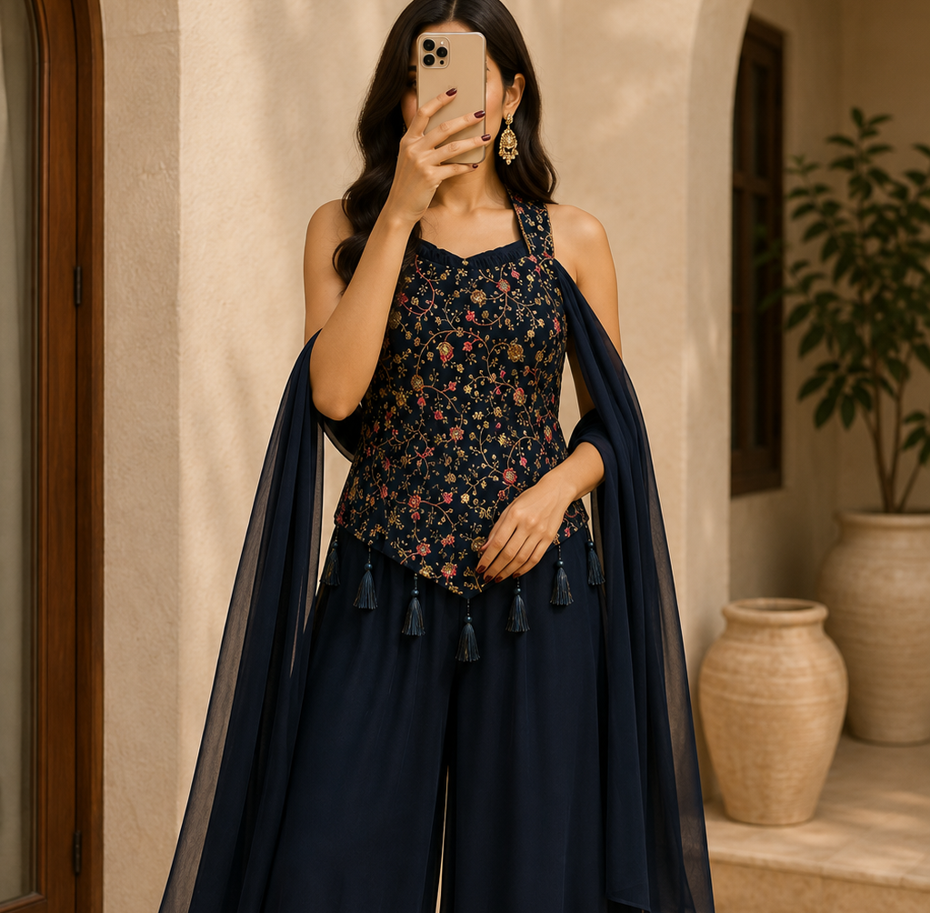 Woman wearing navy blue embroidered halter top with palazzo pants and dupatta