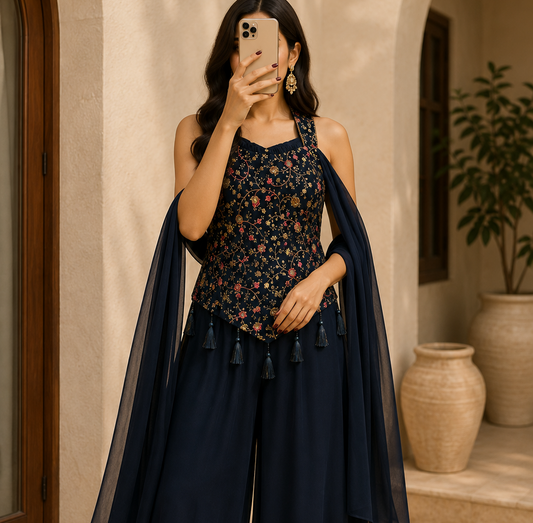 Woman wearing navy blue embroidered halter top with palazzo pants and dupatta