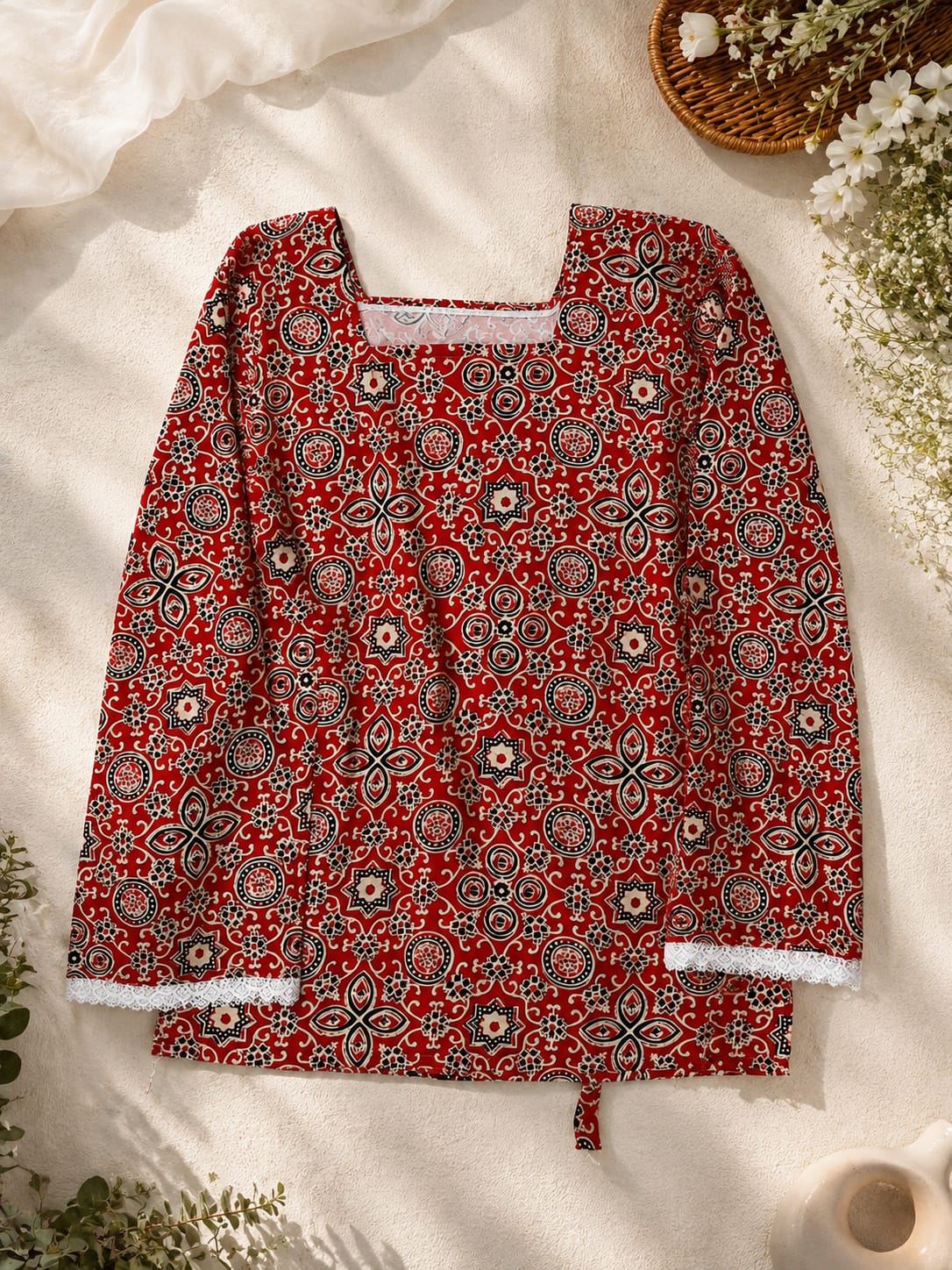 Red printed kurta flatlay with square neckline, lace trim and tie-up detail