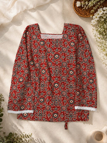 Red printed kurta flatlay with square neckline, lace trim and tie-up detail