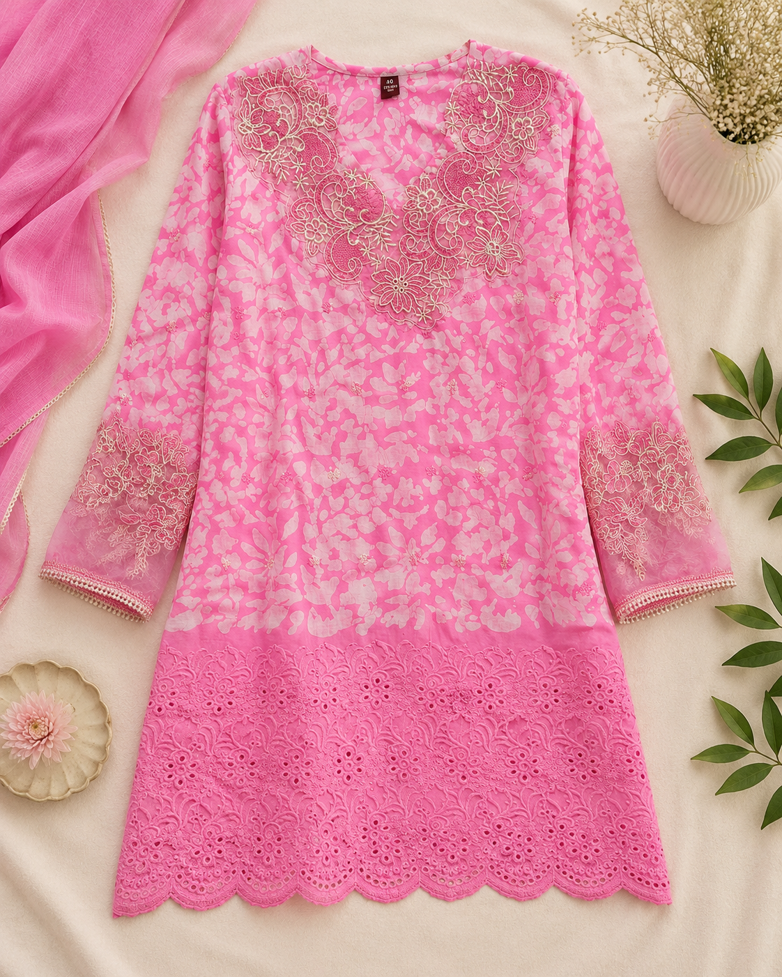 Pink Floral Embroidered Kurta with Trouser & Dupatta Set