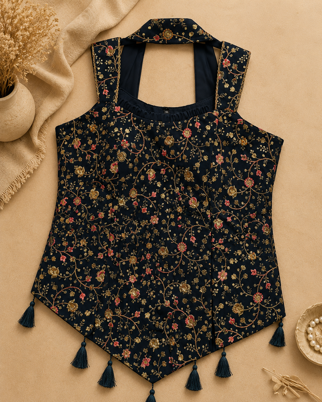 Navy blue floral embroidered halter neck top with tassel detailing